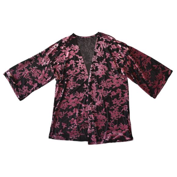 Black and Pink Floral Velvet Semi-Sheer Cardigan Cape Size Medium - Picture 1 of 4